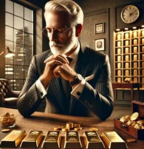 man looking at gold bars